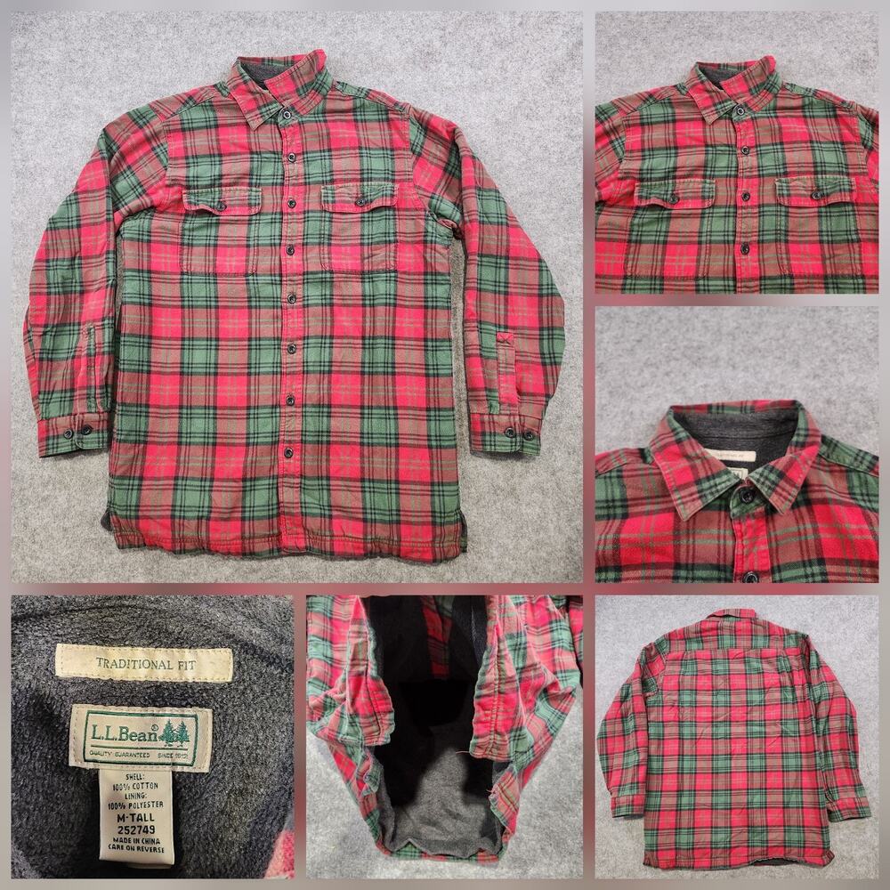 LL Bean Shirt Mens Medium Tall MT TM Fleece Lined Flannel Traditional Fit Plaid